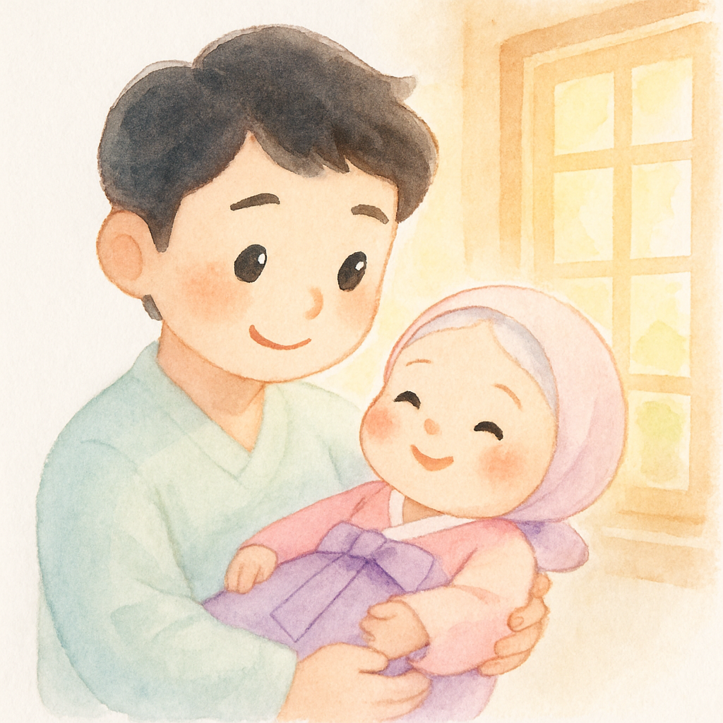 젊은 할아버지가 아기가 된 할머니를 안고 따뜻하게 미소 짓는 장면